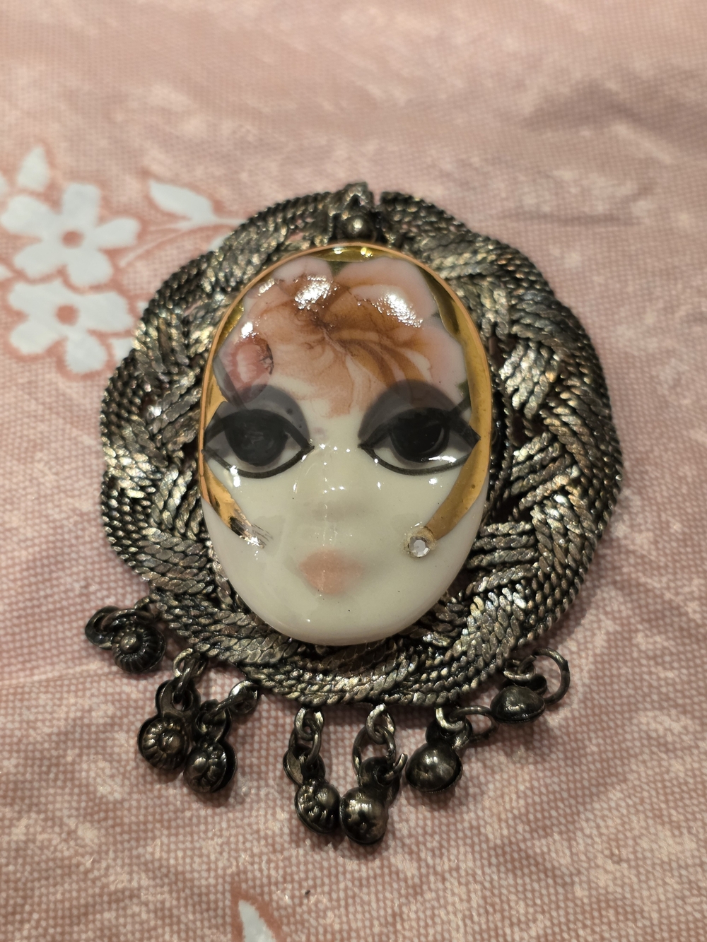 Hand-Painted Porcelain Face Pendant Brooch in Black and Gold